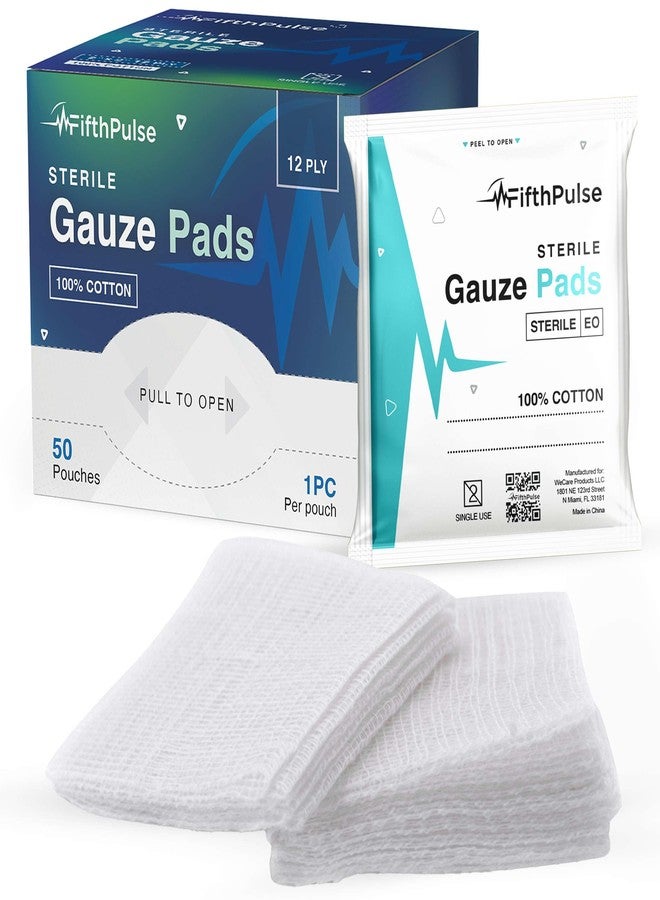 FifthPulse 4x4 Gauze Pads, Sterile, and Individually Wrapped - 50 Pieces of Non Stick Gauze Pads for Wound Care - 12 Ply Gauze for Dressing, Cleaning, Cushioning, and Packing Wounds - Image 1